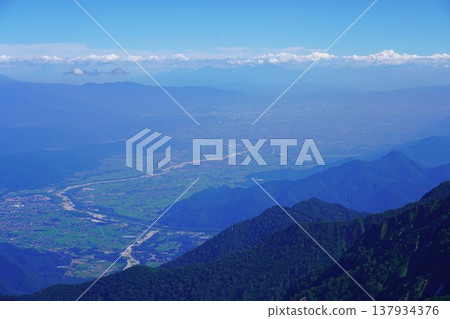 The townscape of Omachi and the Southern Alps as seen from Mount Kashimayari. 137934376