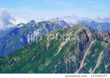 Mount Goryu, Mount Karamatsu, and Mount Hakuba as seen from Mount Kashimayari. 137934377