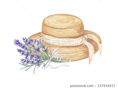 Lavender bouquet and summer women hat watercolor illustration on isolated background. Purple flowers tied with bow and straw hat with ribbon. Garden composition for wedding invitations, stationery Lavender bouquet and summer women hat watercolor illustration on isolated background. Purple flowers tied with bow and straw hat with ribbon. Garden composition for wedding invitations, stationery 137934417