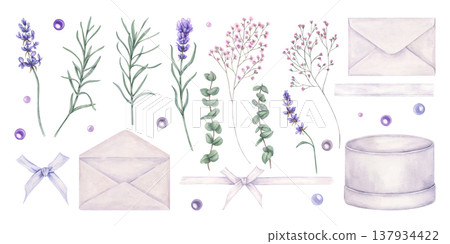 Flowers, ribbon, envelopes, box and beads clip art watercolor illustration on isolated background. Lavender, gypsophila, eucalyptus and gift accessories. Summer set for greeting cards, invitations Flowers, ribbon, envelopes, box and beads clip art watercolor illustration on isolated background. Lavender, gypsophila, eucalyptus and gift accessories. Summer set for greeting cards, invitations 137934422