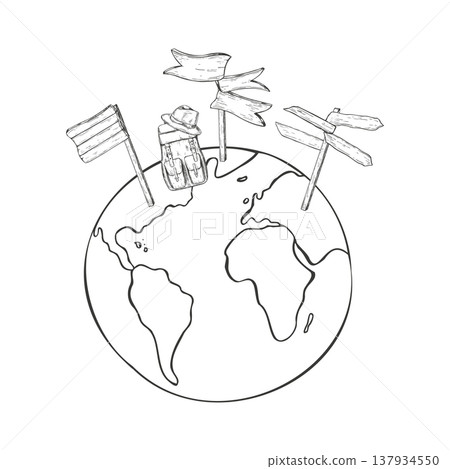 Hand drawn wood pointer ways, backpack on stylized planet Earth vector isolated illustration painted by black inks. Wooden signpost with arrows, rucksack for adventure or tourism trip, map, guidebook Hand drawn wood pointer ways, backpack on stylized planet Earth vector isolated illustration painted by black inks. Wooden signpost with arrows, rucksack for adventure or tourism trip, map, guidebook 137934550