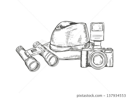 Hand drawn personal accessories for wildlife explorer or detective. Camera, binoculars and felt fedora hat vector isolated illustration. Adventure blog graphics, travel agency marketing material. 137934553