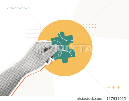 Trendy Halftone Collage style illustration of a hand holding a puzzle piece against an orange circle, representing completing the strategy, solution and business planning concept. Trendy Halftone Collage style illustration of a hand holding a puzzle piece against an orange circle, representing completing the strategy, solution and business planning concept. 137935035
