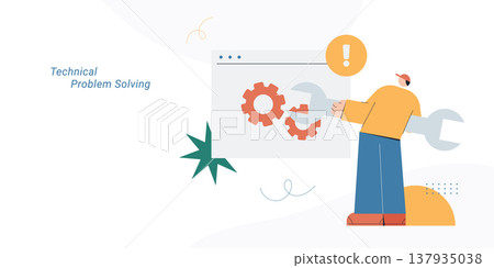 Flat style illustration of a person holding large wrench fixing gear system on browser window with exclamation warning sign, representing technical problem solving and IT maintenance concept. Flat style illustration of a person holding large wrench fixing gear system on browser window with exclamation warning sign, representing technical problem solving and IT maintenance concept. 137935038