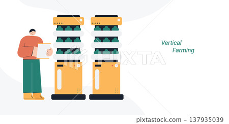 Flat style illustration of a person holding clipboard monitoring automated vertical farm shelves growing vegetables, representing vertical farming, smart agriculture and sustainable food concept. Flat style illustration of a person holding clipboard monitoring automated vertical farm shelves growing vegetables, representing vertical farming, smart agriculture and sustainable food concept. 137935039