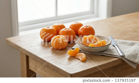 Mandarins And Segments On Table With Bowl And Knife 137935197