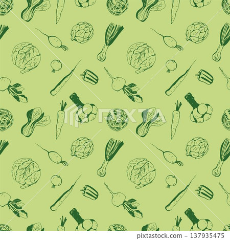 Seamless Pattern with whimsy different vegetables 137935475