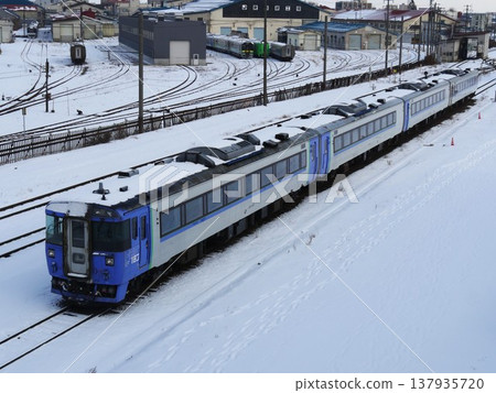 A limited express train running through the snow in Sapporo, Hokkaido. A limited express train running through the snow in Sapporo, Hokkaido. 137935720