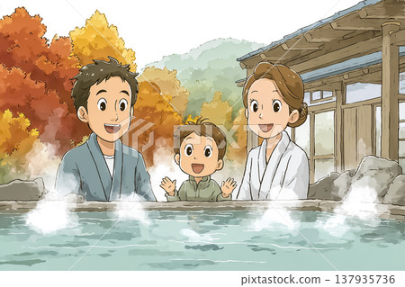 一家人在露天浴池中放鬆的插圖 137935736
