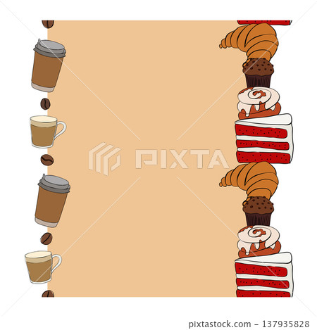 A cup of coffee and a sweet cinnamon bun. Seamless vertical border Frame template Cafe hand drawn illustration. Vector graphic colored line ink art. Hand-drawn element for cafes, menus and recipes. 137935828