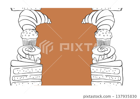 A cup of coffee and a sweet cinnamon bun. Seamless vertical border Frame template Cafe hand drawn illustration. Vector graphic Black and white line ink art. Hand-drawn element for cafes, menus 137935830
