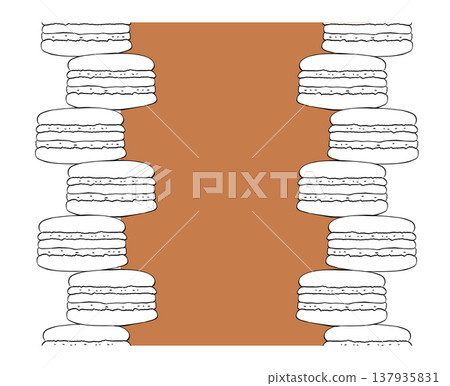 Macarons silhouette Seamless vertical border Frame template Cafe hand drawn illustration. Vector graphic Black and white line ink art. for package, holiday design, fabric and textile. 137935831