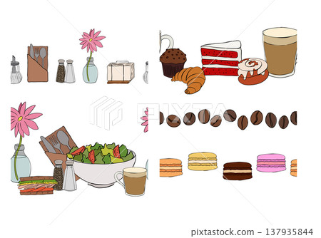 coffee cafe sweets Seamless horizontal border set hand drawn illustration. Vector graphic colored line ink art. For poster, invitation, backdrop, ad, sale promotion, print for t-shirt coffee cafe sweets Seamless horizontal border set hand drawn illustration. Vector graphic colored line ink art. For poster, invitation, backdrop, ad, sale promotion, print for t-shirt 137935844