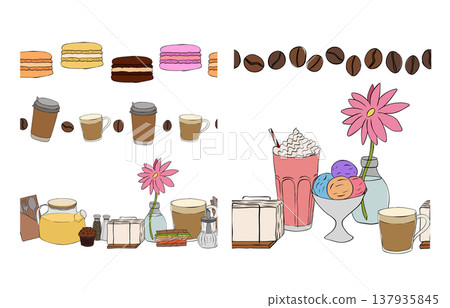 coffee sweets Seamless horizontal border cafe set hand drawn illustration. Vector graphic colored line ink art. For poster, invitation, backdrop, ad, sale promotion, print for t-shirt coffee sweets Seamless horizontal border cafe set hand drawn illustration. Vector graphic colored line ink art. For poster, invitation, backdrop, ad, sale promotion, print for t-shirt 137935845
