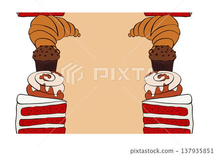 A cup of coffee and a sweet cinnamon bun. Seamless vertical border Frame template Cafe hand drawn illustration. Vector graphic colored line ink art. Hand-drawn element for cafes, menus and recipes. 137935851