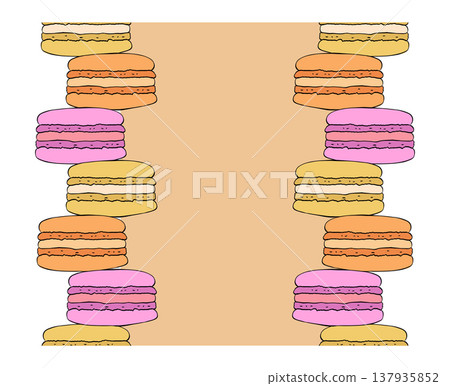 Macarons silhouette Seamless vertical border Frame template Cafe hand drawn illustration. Vector graphic colored line ink art. for package, holiday design, fabric and textile. 137935852