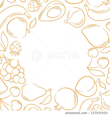 Fruit frame illustration with apple, banana, pear, avocado, grape and cherry in line art style. Decorative frame on white background for healthy wallpaper design, packaging and card. 137935910