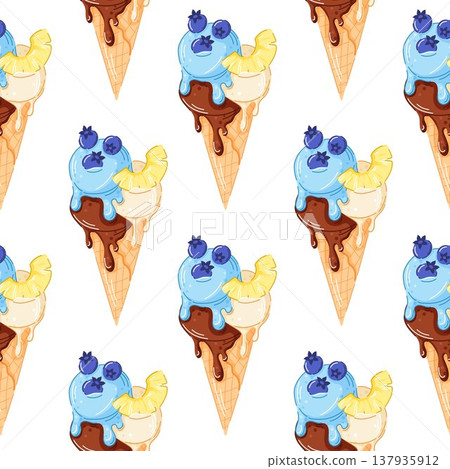 Ice cream cone with vanilla, mint and chocolate scoop in cartoon style seamless pattern. Blueberry and pineapple slice in waffle cone. Perfect for cafe card, summer package and wallpaper design. 137935912