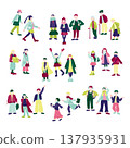 A set of illustrations of people walking outside in winter. 137935931
