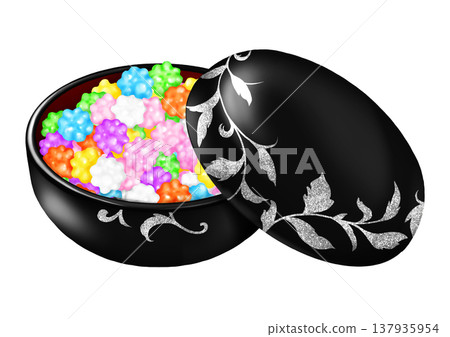 A black lacquered bonbonnière with its lid slightly ajar, containing konpeito (sugar candy). A black lacquered bonbonnière with its lid slightly ajar, containing konpeito (sugar candy). 137935954
