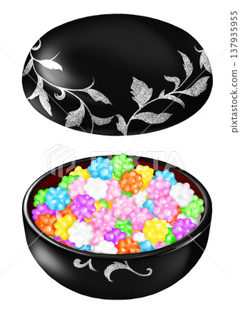 Black lacquerware bonbonnière containing konpeito (sugar candy), lid sold separately. Black lacquerware bonbonnière containing konpeito (sugar candy), lid sold separately. 137935955