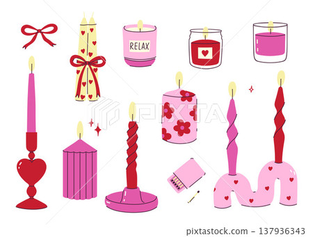 A set of cute pink and red candles. Vector graphics. A set of cute pink and red candles. Vector graphics. 137936343