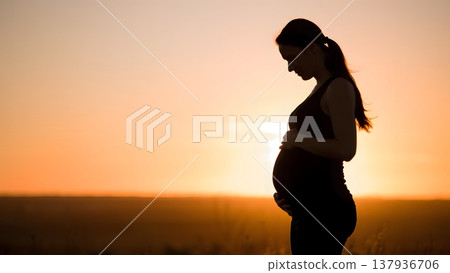 A pregnant woman in profile silhouette during sunset glow 137936706
