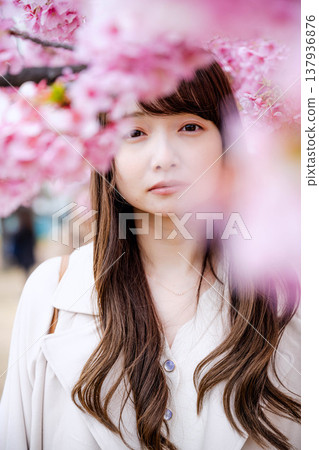 櫻花河津和一名年輕女子 櫻花河津和一名年輕女子 137936876