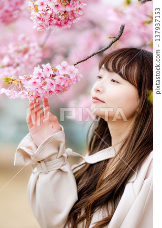 櫻花河津和一名年輕女子 137937153