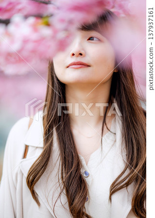 櫻花河津和一名年輕女子 137937161