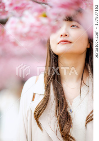 櫻花河津和一名年輕女子 137937162