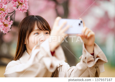 一位女士正在和櫻花合影 一位女士正在和櫻花合影 137937187