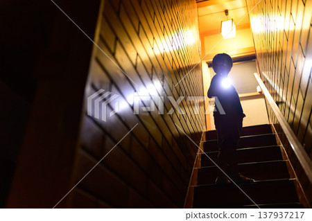 Silhouette of a child holding a flashlight on the stairs 137937217
