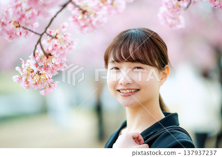 背景中有櫻花的年輕女子 背景中有櫻花的年輕女子 137937237
