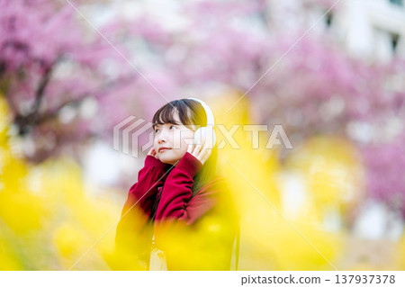 A young woman listening to music with headphones amidst cherry blossoms. A young woman listening to music with headphones amidst cherry blossoms. 137937378