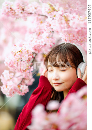 一位年輕女子在櫻花樹下戴著耳機聽音樂。 一位年輕女子在櫻花樹下戴著耳機聽音樂。 137937405
