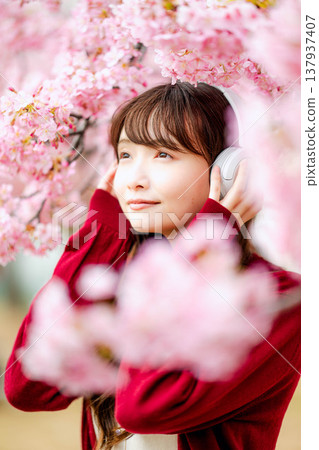 A young woman listening to music with headphones amidst cherry blossoms. 137937407
