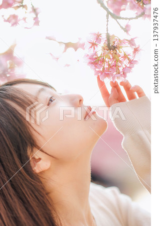 櫻花和一個年輕女子 137937476