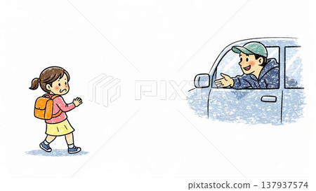 兒童不宜搭車：犯罪預防教育插圖－拒絕可疑人士從車窗邀請他們上車－保持距離 137937574