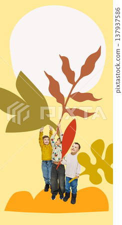 Children reaching up and interacting with large stylized leaves in abstract space. Children reaching up and interacting with large stylized leaves in abstract space. 137937586
