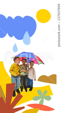 Three children standing under bright umbrella with stylized rain elements. Three children standing under bright umbrella with stylized rain elements. 137937604