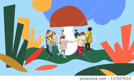 Children holding hands in circle walking around large mushroom in stylized landscape. Children holding hands in circle walking around large mushroom in stylized landscape. 137937610