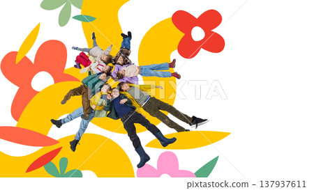 Group of children lying in circle on colorful abstract shapes and flowers. Group of children lying in circle on colorful abstract shapes and flowers. 137937611