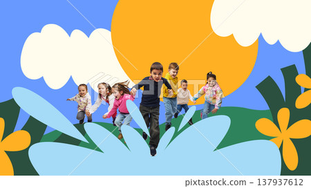 Children running together in stylized nature environment with sun and clouds. Children running together in stylized nature environment with sun and clouds. 137937612