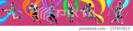 Sports equipment and athletes collage with dynamic graphic composition Sports equipment and athletes collage with dynamic graphic composition 137937617
