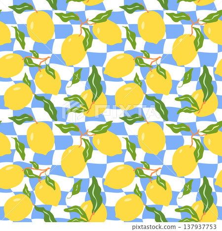 Vibrant yellow lemons and groovy blue checks vector seamless pattern illustration. Playful summer citrus fruits with leaves on wavy checkered background in modern, bold, flat Italian inspired style 137937753