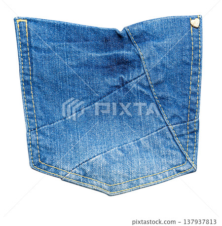 Blue denim jeans pocket with heart pin and stitching 137937813