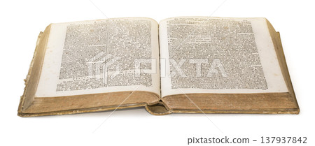 Open antique book displaying old pages and text 137937842