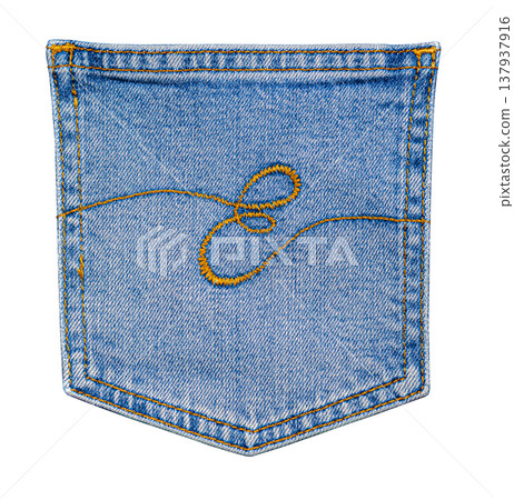 Blue denim pocket with yellow embroidered letter e Blue denim pocket with yellow embroidered letter e 137937916