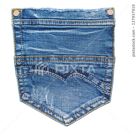 Blue denim jeans back pocket with stitching and rivets 137937919